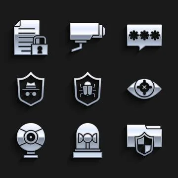 Set System bug, Flasher siren, Document folder protection, Eye scan, Security 스톡 일러스트