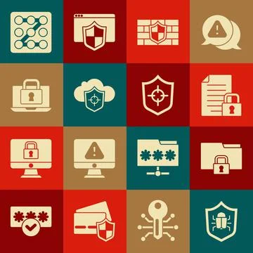 Set System bug, Folder and lock, Document, Shield with brick wall, Cloud shield Illustrazione stock