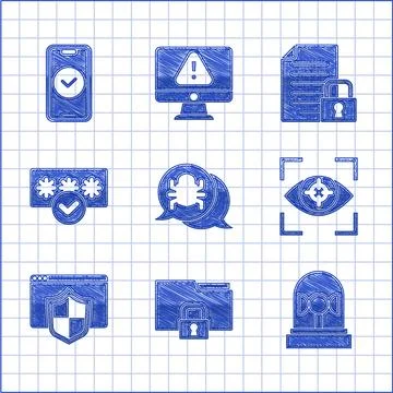 Set System bug, Folder and lock, Flasher siren, Eye scan, Browser with shie.. イラスト素材
