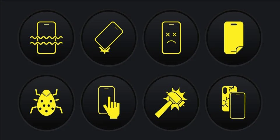 Set System bug, Glass screen protector, Phone repair service, Hammer, Dead Stock Illustration