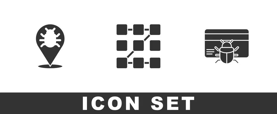 Set System bug, Graphic password protection and in credit card icon. Vector Stock-Illustration