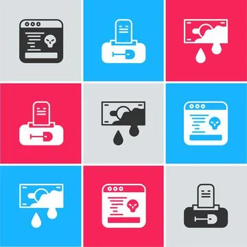 Set System bug, Grave with tombstone and Bloody money icon. Vector Illustrazione stock