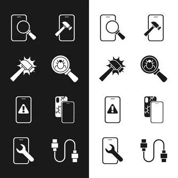Set System bug, Hammer, Phone repair service, Mobile with broken screen Stock Illustration