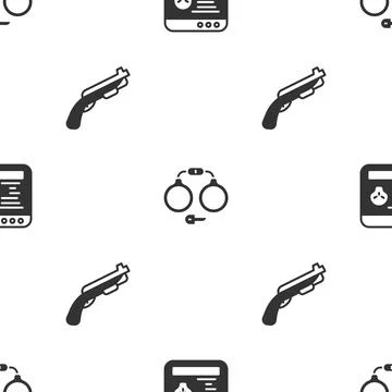 Set System bug, Handcuffs and Police shotgun on seamless pattern. Vector 스톡 일러스트