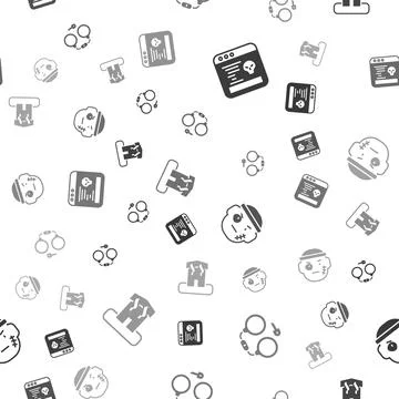 Set System bug, Handcuffs, Bandit and Arson home on seamless pattern. Vector Illustrazione stock