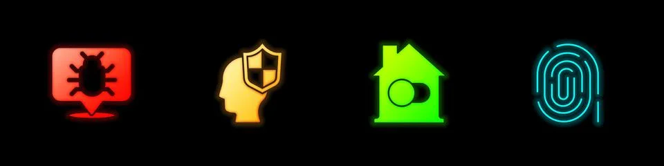 Set System bug, Head with shield, Smart home and Fingerprint icon. Vector 스톡 일러스트
