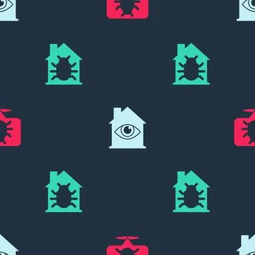 Set System bug, House with eye scan and system on seamless pattern. Vector Stock-Illustration