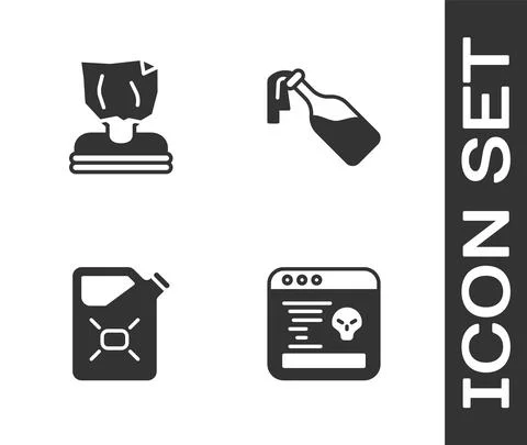 Set System bug, Kidnaping, Canister fuel and Cocktail molotov icon. Vector Illustrazione stock