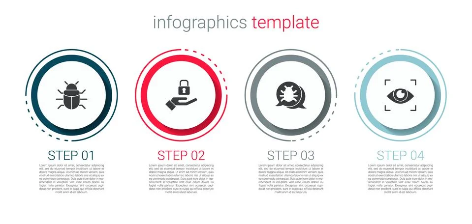 Set System bug, Lock in hand, and Eye scan. Business infographic template Stock-Illustration