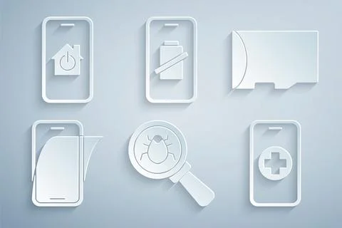 Set System bug, Micro SD memory card, Glass screen protector, Phone repair 스톡 일러스트