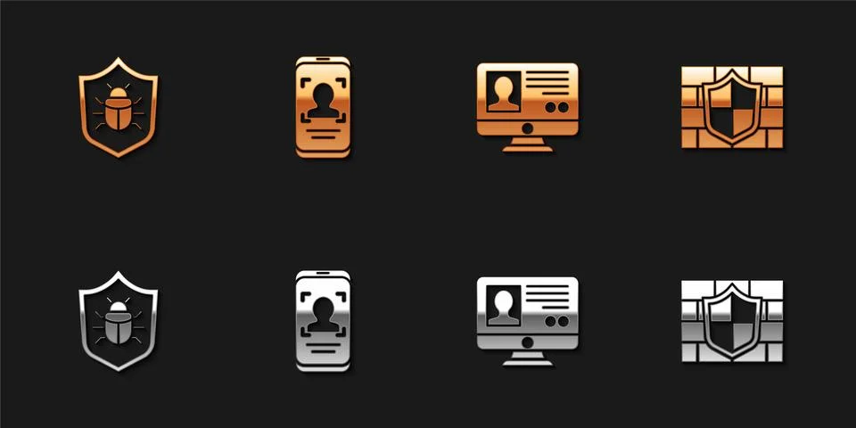 Set System bug, Mobile and face recognition, Create account screen and Shield Stock Illustration