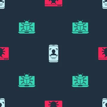 Set System bug, Mobile and face recognition and monitor on seamless pattern Illustrazione stock