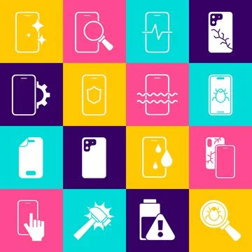 Set System bug, Mobile with broken screen, on mobile, Phone repair service Stock Illustration