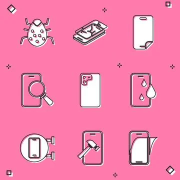 Set System bug, Mobile with broken screen, Glass protector, Phone repair service Illustrazione stock