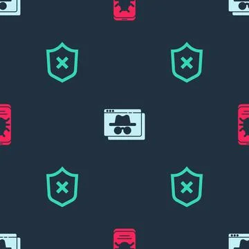 Set System bug on mobile, Browser incognito window and Shield with cross mark on Illustrazione stock
