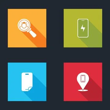 Set System bug, Mobile charging battery, Glass screen protector and Phone repair Illustrazione stock