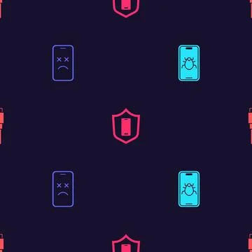 Set System bug on mobile, Dead, Mobile with shield and USB cable cord on Stock Illustration