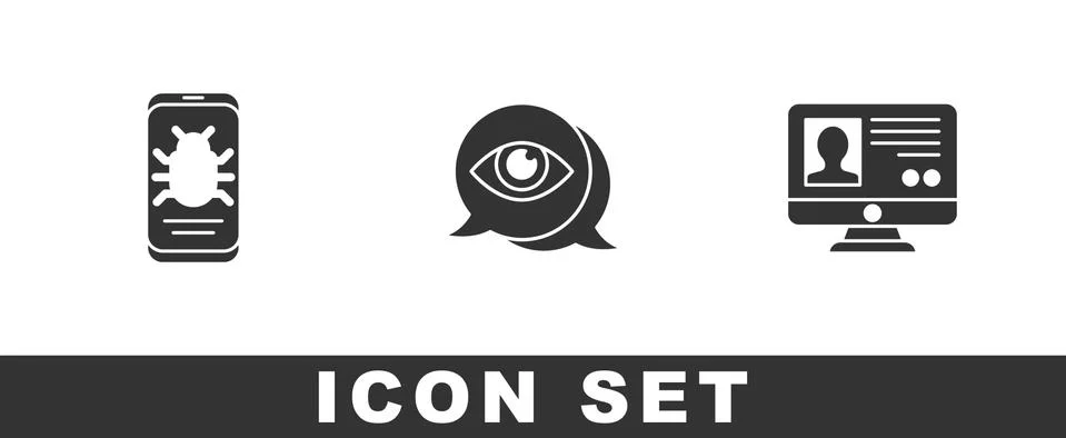 Set System bug on mobile, Eye scan and Create account screen icon. Vector Stock Illustration
