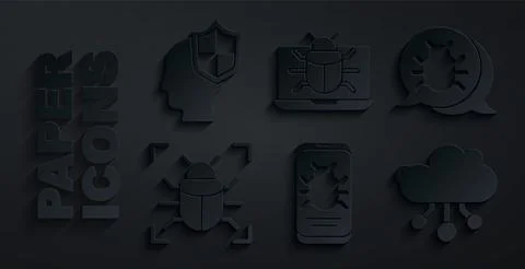 Set System bug on mobile, Internet of things, monitor and Head with shield icon 스톡 일러스트