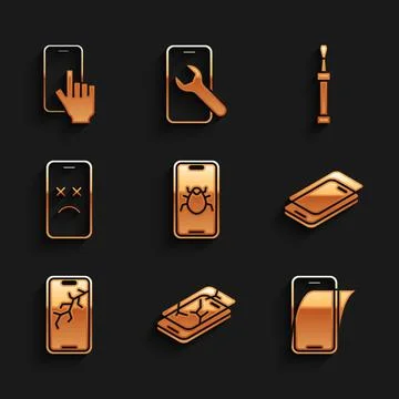 Set System bug on mobile, Mobile with broken screen, Glass protector, Dead Stock Illustration