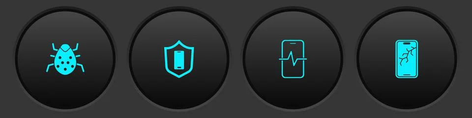 Set System bug, Mobile with shield, Phone repair service and broken screen icon Illustrazione stock