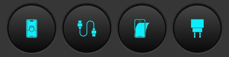 Set System bug on mobile, USB cable cord, Glass screen protector and Charger Stockillustratie