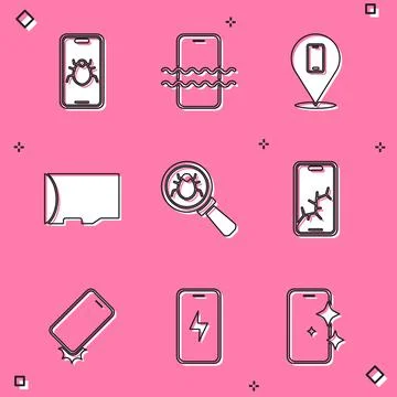 Set System bug on mobile, Waterproof phone, Phone repair service, Micro SD Stock Illustration