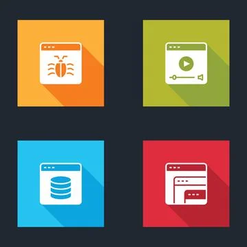 Set System bug, Online play video, Server, Data, Web Hosting and Software icon Stock Illustration