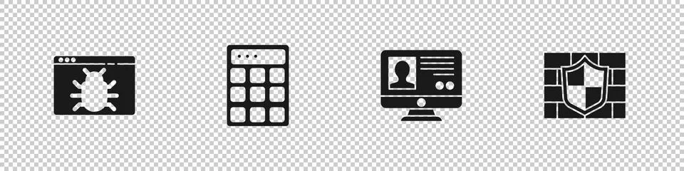 Set System bug, Password protection, Create account screen and Shield with brick 스톡 일러스트