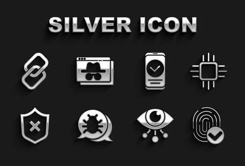 Set System bug, Processor with microcircuits CPU, Fingerprint, Eye scan, Shield Stockillustratie