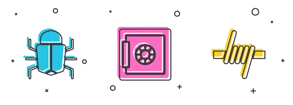 Set System bug, Safe and Barbed wire icon. Vector Illustrazione stock
