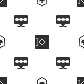 Set System bug, Safe and Password protection on seamless pattern. Vector Illustrazione stock