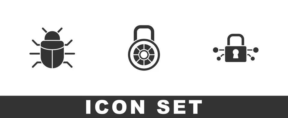 Set System bug, Safe combination lock and Cyber security icon. Vector Stock Illustration