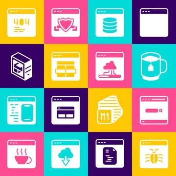 Set System bug, Search engine, Cup of tea with tea bag, Server, Data, Web Hos Stock Illustration