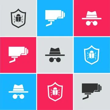 Set System bug, Security camera and Incognito mode icon. Vector Stock Illustration