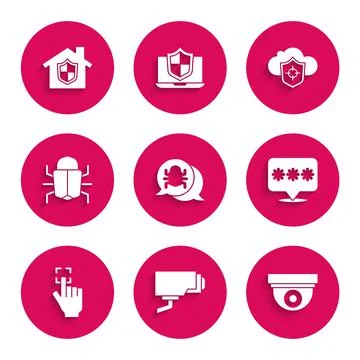 Set System bug, Security camera, Password protection, Fingerprint, Cloud and Stock Illustration