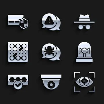 Set System bug, Security camera, Eye scan, Flasher siren, Password protection Stock Illustration
