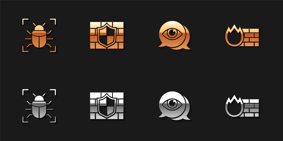 Set System bug, Shield with brick wall, Eye scan and Firewall, security icon 스톡 일러스트