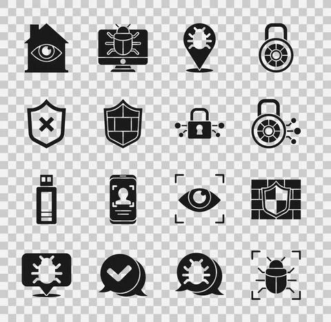 Set System bug, Shield with brick wall, Cyber security, cross mark, House eye 스톡 일러스트