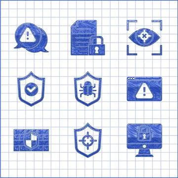 Set System bug, Shield, Lock on monitor, Browser with exclamation mark, brick 스톡 일러스트