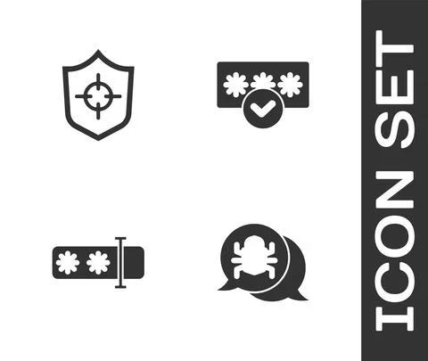 Set System bug, Shield, Password protection and icon. Vector 스톡 일러스트