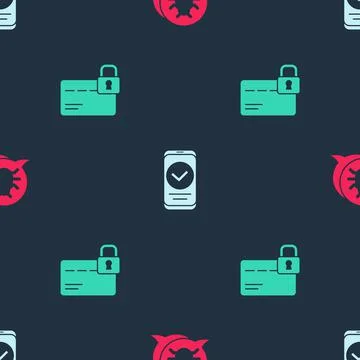 Set System bug, Smartphone and Credit card with lock on seamless pattern. Vector Illustrazione stock