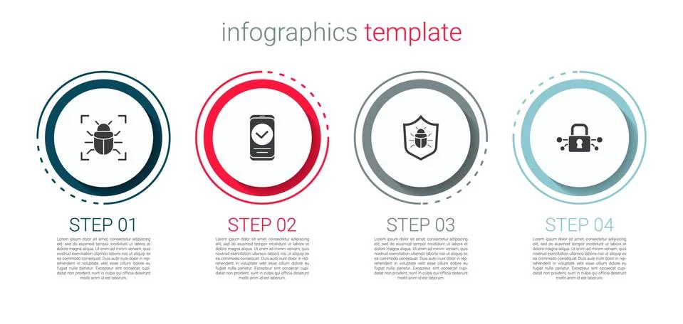 Set System bug, Smartphone, and Cyber security. Business infographic template Stock-Illustration