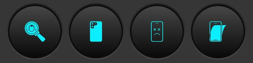 Set System bug, Smartphone, Dead mobile and Glass screen protector icon. Vector Stock Illustration
