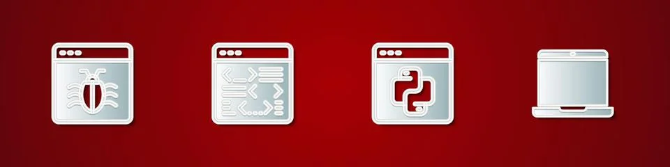 Set System bug, Software, Python programming language and Laptop icon. Vector Stock Illustration