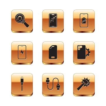 Set System bug, USB cable cord, Glass screen protector, Mobile charging battery Stock Illustration