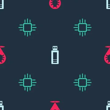 Set System bug, USB flash drive and Processor with microcircuits CPU on seamless Stock Illustration