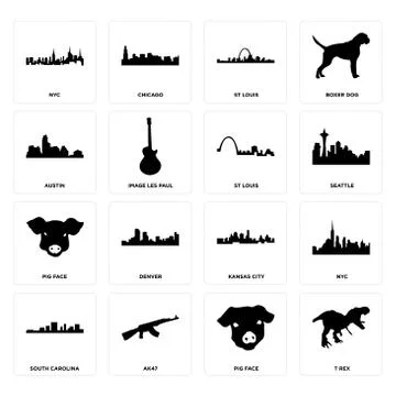 Set of t rex, pig face, south carolina, kansas city, st louis, austin, nyc ic Selección de ilustraciones gratis