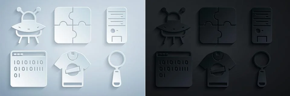 Set T-shirt, Computer, Binary code, Magnifying glass, Piece of puzzle and UFO Stock Illustration