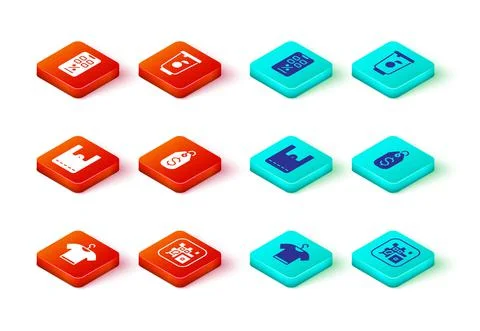 Set T-shirt, QR code, Paper shopping bag, Price tag with dollar, Yogurt Illustrazione stock